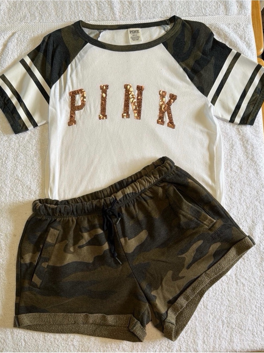 PINK Victoria's Secret White Tee with Olive Camo Shorts Set